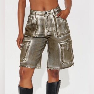 Fashion Nova Shimmering Gold Cargo Shorts